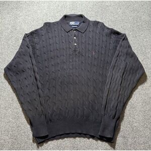 VTG Polo Ralph Lauren Cable Knit Sweater XL Blue Chunky Cotton Preppy 1/4 Button